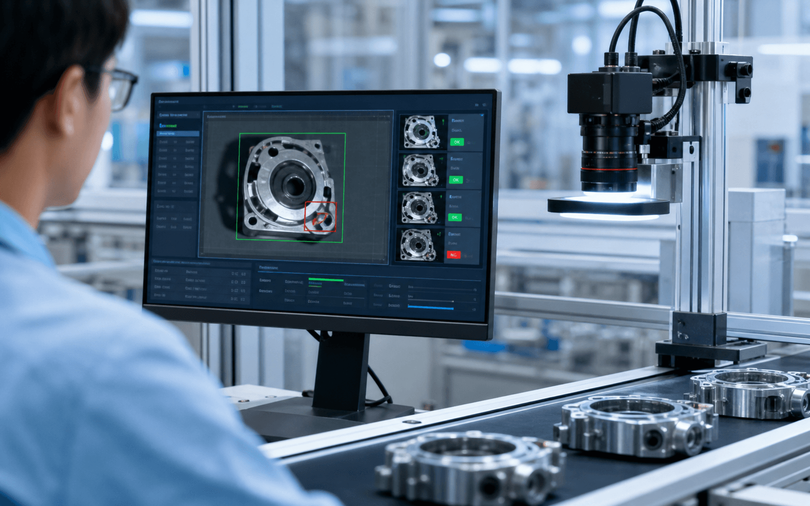 製造ラインで製品画像を検査し異常候補をレビューするAIシステムイメージ